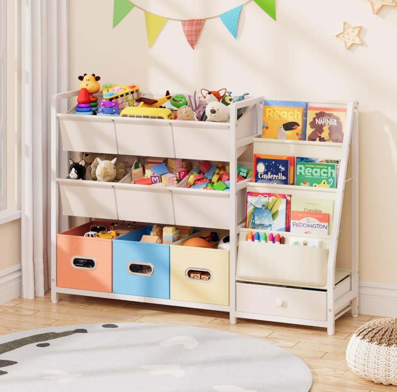 Montessori style children's toy storage bookshelf with partitioned storage rack